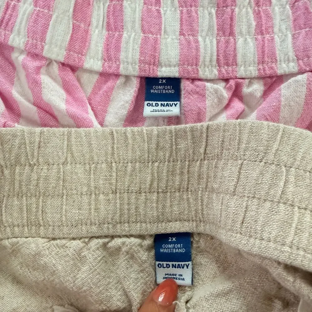 Old Navy Lot of 2 Linen Blend Pull On Shorts 2X Pink Stripe Beige Summer Travel - Picture 3 of 9